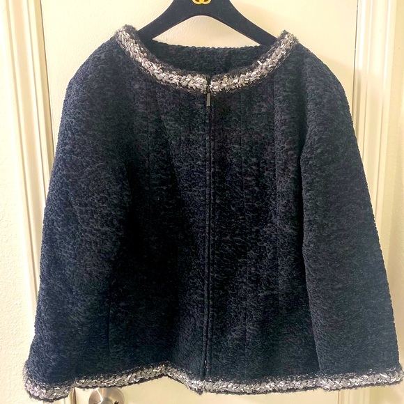 The "2014 Chanel collection 14A black silk metallic braided trim zipper jacket" - Picture 1 of 16